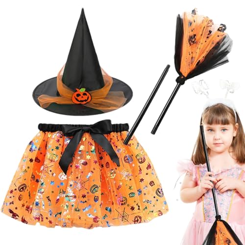 Bollisate Hexenkostüm für Mädchen – Halloween-Hexen-Tutu-Rock, Hexenkostüm, Hexenmädchen-Rock mit Hexenhut und Besen für 2–8 Jahre alte Halloween-Cosplay-Party-Dekoration von Bollisate