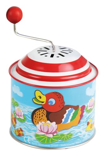 LENA 52761 tin Toys Musikdrehdose Kleine Enten, Musikdose ca. 10,5 x 7,5 cm, Blechdrehdose mit Melodie, Drehdose aus Metall, Drehorgel für Kinder ab 18 Monate, Entchen Orgel, bunt, S von Lena