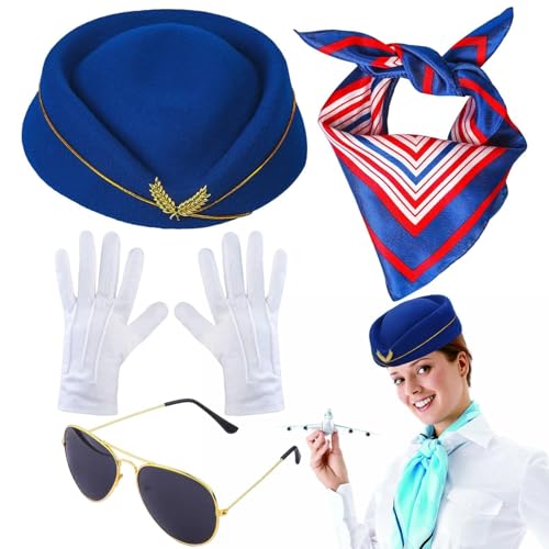 BommFu 4 Stück Damen Stewardess Kostümzubehör | Flugbegleiterin Hut Stewardess Cosplay Set | Stewardess Hut Schal Schal Handschuhe Sonnenbrille - Für Flugbegleiter Für Cosplay Zubehör, Maskerade von BommFu