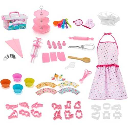 BommFu Backset für Kinder,Kochset für Kinder | Koch- und Backspielzeugset für Kinder mit Aufbewahrungskoffer | 64 Stück Kochmütze und passende rosa Schürze zum Anziehen und Rollenspiel für Kinder ab 3 von BommFu