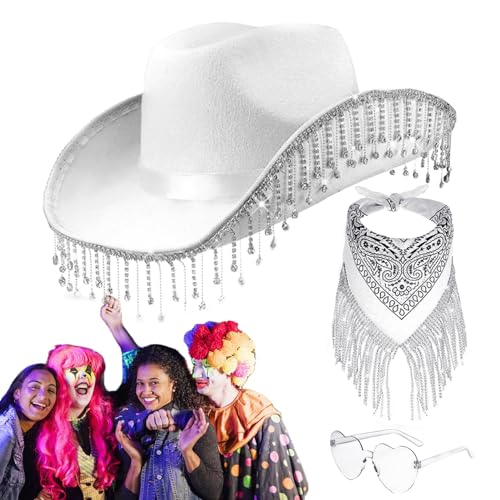 BommFu Cowgirl-Hut mit Herzbrille, Cowgirl-Hut- und Schal-Sets,3-teiliges Set Western-Cowboyhut mit herzförmiger Sonnenbrille | Herz-Brillen-Set für Halloween, Maskerade, Abschlussfeier, von BommFu