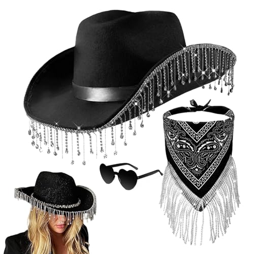 BommFu Cowgirl-Hut mit Herzbrille, Cowgirl-Hut- und Schal-Sets | 3-teiliges Set Western-Cowboyhut mit herzförmiger Sonnenbrille - Herz-Brillen-Set für Halloween, Maskerade, Abschlussfeier, von BommFu