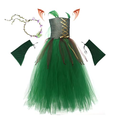 BommFu Halloween-Kostüm Für Mädchen | Halloween Elfen Fee Kostüm | Grünes Elfen Mesh Tüll Kleid Set | 4 Teiliges Wald Themenset - Halloween Wald Themenkostüm Für Kinder von BommFu