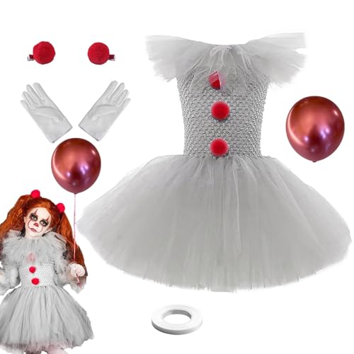 BommFu Halloween-Kostümkleider Für Kinder | Gruseliges Clowns Kostüm Für Mädchen | Roter Haarnadel Und Gelocktem Band | Horror Kostüm Kinder Mädch-en Gruselig - Halloween Karneval Cosplay-Outfit von BommFu