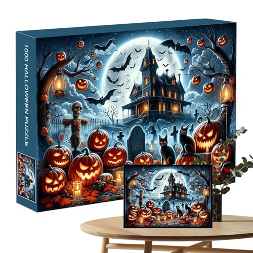 BommFu Halloween-Puzzle | 1000-Teiliges Halloween-Puzzle Für Erwachsene - Horror-Spukhaus-Puzzle Mit Totenkopf, Geister Und Grabmotiven Für Geburtstage, Halloween Und Andere Feiertage von BommFu