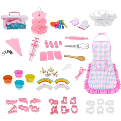 BommFu Kochset für Kinder, Koch- und Backset für Kinder - Pastell-Rollenspielspielzeug - 64 Stück Kochmütze und passende rosa Schürze zum Anziehen und Rollenspiel für Kinder ab 3 Jahren von BommFu