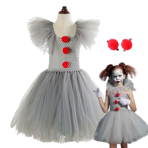 BommFu Mädchen Clo-wn Cosplay Ko-stüm | Halloween Ko-stüm Kinder Horror Clo-wn Mädchen | Horror Ko-stüm Kinder M-it Roter Haarnadel - Für Cosplay Outfits, Requisiten,Karneval,Halloween von BommFu