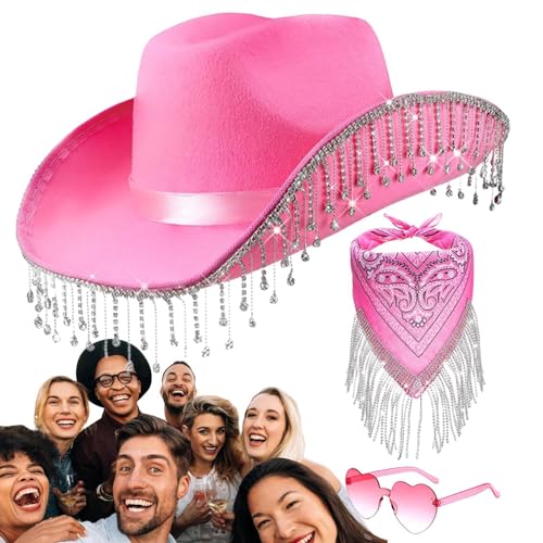 BommFu Strass-Quasten-Cowgirl-Hut, Strass-Cowgirl-Hüte für Frauen,3-teiliges Set Cowgirl-Hut für Bachelorette-Party-Kostüme | Western-Cowboyhut mit Herzbrille, Cowgirl-Schal von BommFu