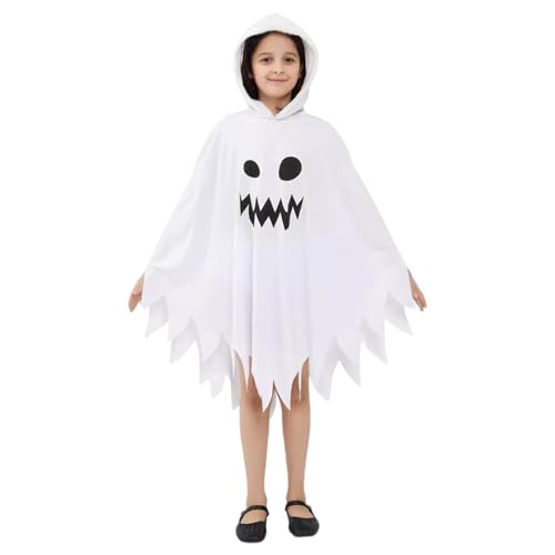 BommFu Unisex Kinder Geisterkostüm | Gespenster Umhang Geist Kinder | Geister Weiß Umhang Halloween-Kostüm - Halloween Kinder Geist Kostüm, Weiß, Mit Kapuze von BommFu