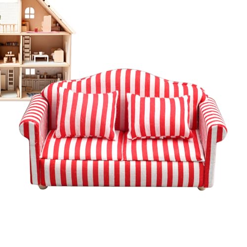 Puppenhaus-Couch Mit Kissen | Puppenhaus-Sofa-Set | Puppenhaus-Möbel-Couch- Und Stuhl-Set Im Maßstab 1:12 | Hochsimuliertes Miniatursofa Aus Holzstoff | Rote Und Weiße Streifen - Kinderspielzeug von BommFu