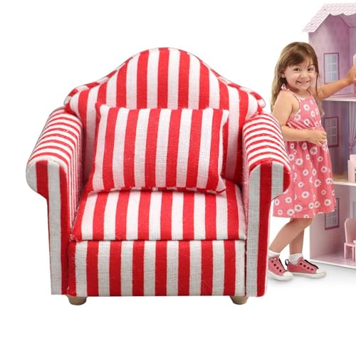 Puppenhaus-Couch Mit Kissen | Puppenhaus-Sofa-Set | Puppenhaus-Möbel-Couch- Und Stuhl-Set Im Maßstab 1:12 | Hochsimuliertes Miniatursofa Aus Holzstoff | Rote Und Weiße Streifen - Kinderspielzeug von BommFu