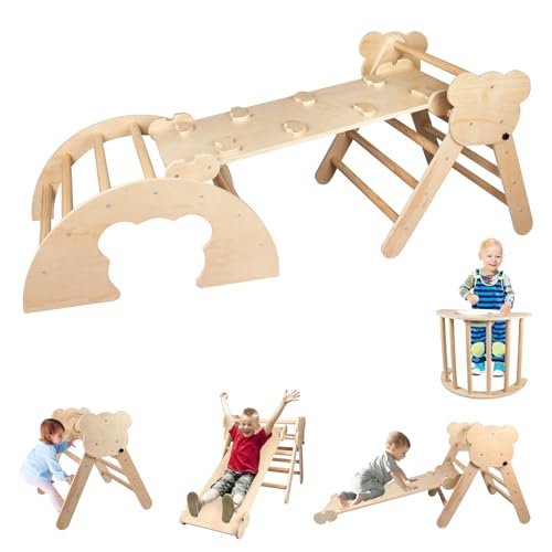 BommJokker Klettergerüst Indoor, Kletterdreieck, Kletterbogen, Kletterdreieck mit Rutsche, 4 in 1 multifunktionaler Indoor Spielplatz für Kinder ab 3+ Jahren (Holzfarbe) von BommJokker