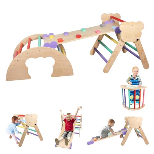 BommJokker Klettergerüst Indoor, Kletterdreieck, Kletterbogen, Kletterdreieck mit Rutsche, 4 in 1 multifunktionaler Indoor Spielplatz für Kinder ab 3+ Jahren (Mehrfarbig) von BommJokker