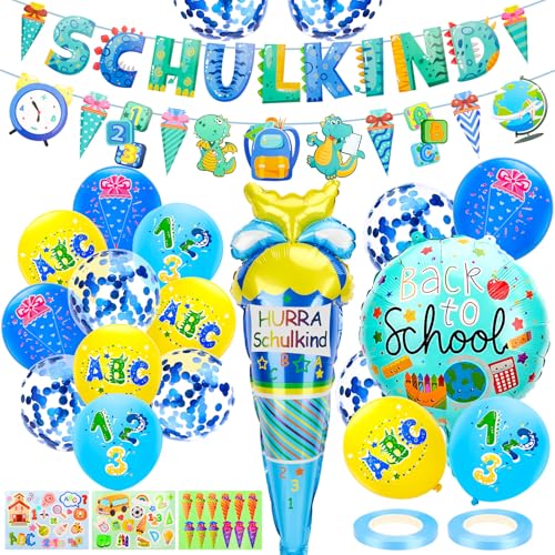 BOMTOP Einschulung Deko, Schuleinführung Schulanfang Deko Set für Jungen Einschulung Deko Schulanfang Deko Einschulung mit Einschulung Banner ABC 123 Zuckertüte Motiv Schultüte Konfetti Folienballon von Bomtop