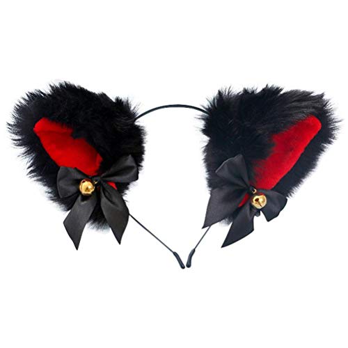 Bonbela Cosplay Plüsch Pelziges Katzenohren Stirnband für Mädchen Niedliche Ohren Kopfbedeckung Kostümzubehör Requisite (Schwarzes Haar, rot und schwarz) von Bonbela