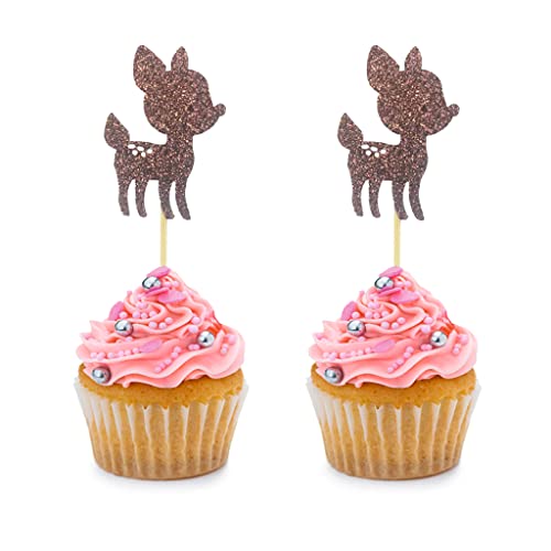 24 Stück braune Glitzer Hirsch Baby Rehkitz Cupcake Topper Picks für Kinderparty Babyparty Hochzeit Geburtstag Kuchen Thema Party Dekorationen Zubehör von BoningNEW