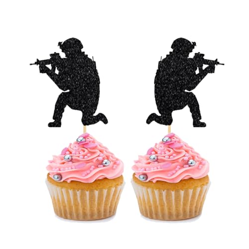 24 Stück schwarze Pappe Soldaten Silhouette Cupcake Topper Paintball Cupcake Picks für Militär Marine Corps Themenparty Port Party Geburtstag Hochzeit Baby Shower Party Veteran's Day Party Kuchen Dessert Dekorationen Supplies von BoningNEW