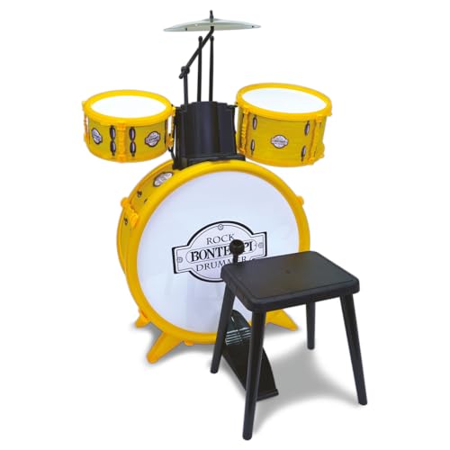 Bontempi 51 4501 Schlagzeug: Baßtrommel Ø 385 mm mit Pedal. 2 kleine Trommeln Ø 170 Becken Ø 210 mm. 2 Schlagstöcken. Echte Sounds. Inkl. Hocker. Maße: 500x500x680 mm, Mehrfarbig von Bontempi