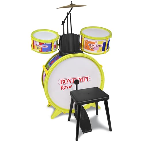 Bontempi | BeatMasterPro Klassisches Schlagzeug-Set mit 4 Elementen, mit Hocker und Zwei Drumsticks für EIN unvergessliches Erlebnis, Gelb, 68 x 50 x 50 cm von Bontempi