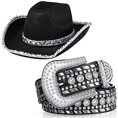 Bonuci 2 Stück Pailletten Cowgirl Hut Bling Nieten Strass Gürtel Set Western Cowboy Hut Männer Damen Gürtel für Kleid Cosplay Party Zubehör von Bonuci