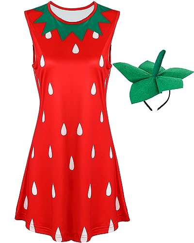 Bonuci Halloween Damen Erdbeere Kostüm Kleid mit Stirnband Cute Strawberry Fruit Printed Halloween Outfit für Party (Large) von Bonuci