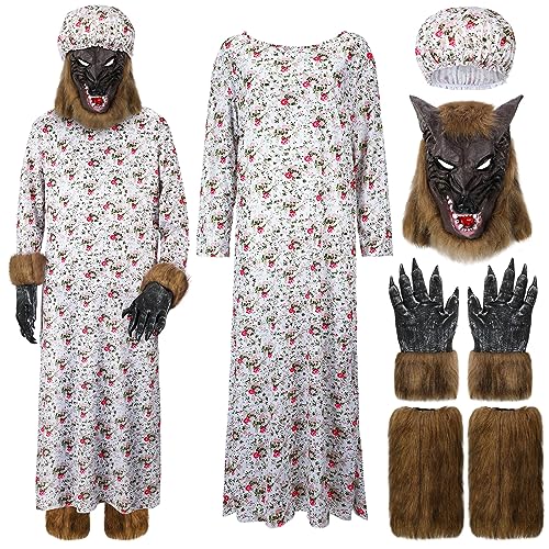 Bonuci Halloween Oma Kostüm Erwachsene Cosplay Kleid Outfit mit Hut, Wolfskopfmaske, Handschuhen, Beinstulpen für Party, Weiss/opulenter Garten, Einheitsgr��e von Bonuci