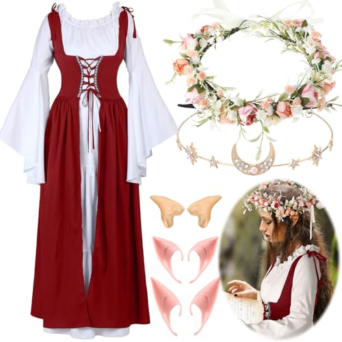 Bonuci Damen Renaissance Kleid Mittelalter Kostüm Damen mit Elfenohren, Mondkopfkette und Waldfee Krone für Karneval, Weinrot, 2X-Large/ 3X-Large von Bonuci