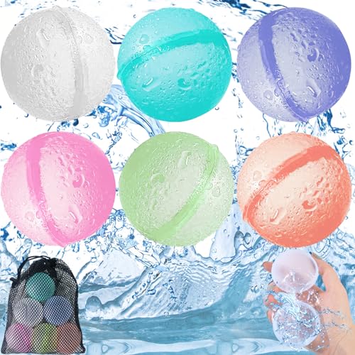 Wasserbomben Wiederverwendbar,6 Stk Reusable Wasserballons mit Netzbeutel,Wiederverwendbare Wasserballons Silikon Wasserbombe,Sommerspaß-Wasserspielzeug Wasserbomben für Party,Wasserpark,Familienspiel von Booaee