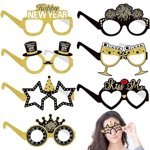 8 Stücke Frohes Neues Jahr Brillen 2025, Neujahr Party Brillen, Neujahr Sonnenbrille, Glitter Neuheit Silvester Photo Booth Brillen Sonnenbrille, Mitbringsel für 2025 Silvester Party Liefert von Booaee