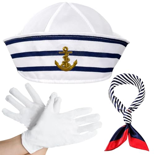 Kapitän Matrosen Kostüm, 3 Stück Streifen Matrosenmütze und Schal Set, Marine Outfit Kapitänsmütze Matrosenmütze Schal Kostüm für Kinder, Marineblaue Hüte Matrosen Party Kostüm für Damen und Herren von Booaee