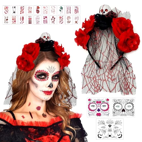 Booaee Tag der Toten Schleier, Halloween Kopfschmuck Schleier Braut Kostüm Dia De Los Muertos Tag Der Toten Damen Day Of The Dead Haarreif Stirnband, für Damen Frauen Festival Carnival Party (A) von Booaee