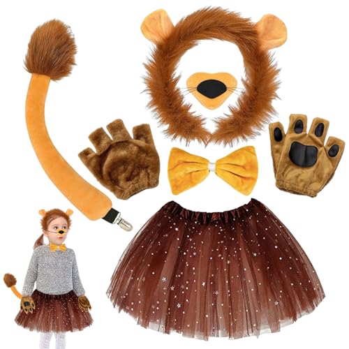 Booaee Tierkostüm Kinder,Karneval Löwe Cosplay Kostüm Set,Halloween Kostüm Kinder mit Löwenohren Stirnband Nase Schwanz Tutu Pfote Geburtstagsparty Zubehör für Halloween Fasching Geburtstag Cosplay von Booaee