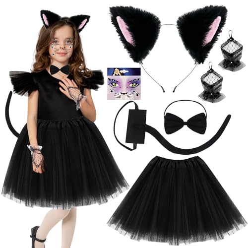 Katzenkostüm Kinder,7 Stück Katzen Cosplay Kostüm Carnival Tierkostüm Mädchen mit Katzenohren Haarreif Tüllrock Fliege Katzenschwanz Katze GesichtTattoos für Halloween Fasching Karneval Cosplay von Booaee