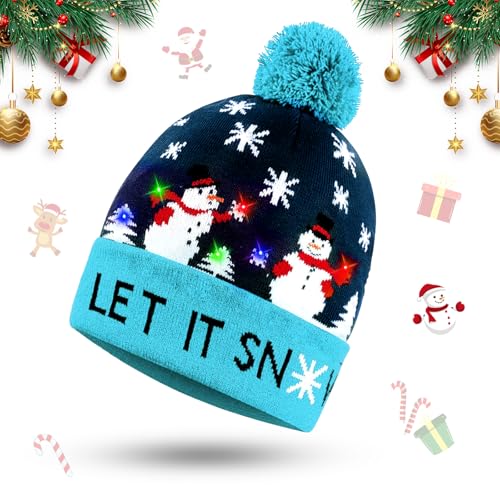 Booaee Weihnachtsmütze Kinder, LED Leuchten Hut Mütze Weihnachtsmann Mütze Beleuchtete Nikolausmütze Erwachsene Kindermütze mit Licht Christmas Hat Dehnbare Strickmütze für Unisex Erwachsene Kinder von Booaee