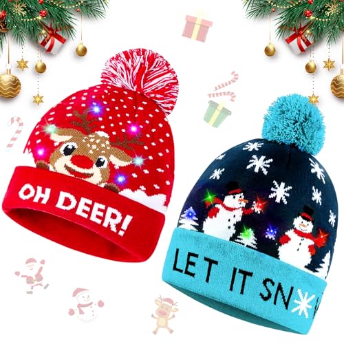 Booaee Weihnachtsmütze Kinder,2 Stück LED Leuchten Hut Weihnachtsmann Mütze Beleuchtete Nikolausmütze Erwachsene Kindermütze mit Licht Christmas Hat Dehnbare Strickmütze für Unisex Erwachsene Kinder von Booaee