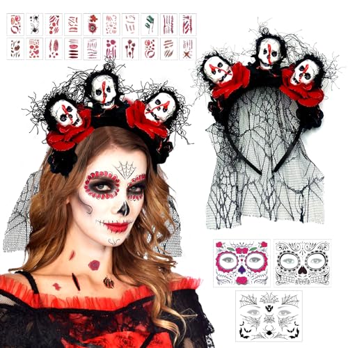 Haarreif Day of the Dead, Tag Der Toten Schleier Halloween Kopfschmuck Braut Kostüm Dia de Los Muertos Damen, Todes Kostüm Mexiko Black Veil, für TSchleier Schwarz Halloween Fasching Kostüm Party von Booaee