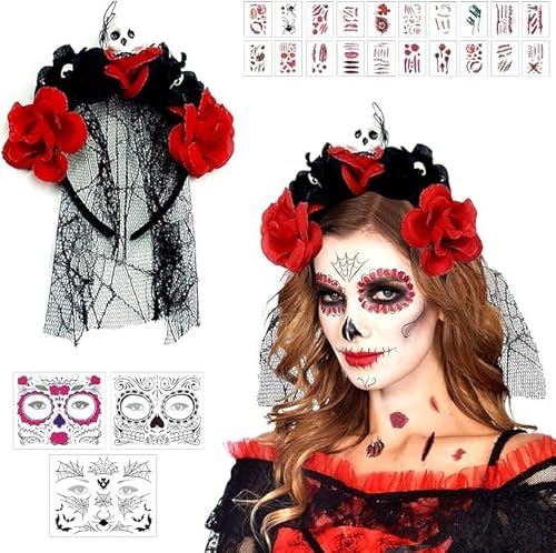 Halloween Kopfschmuck, Tag Der Toten Schleier Kostüm Damen Haarschmuck, Braut Kostüm Halloween Haarreif Dia De Los Muertos Black Veil, für Tag der Toten Halloween Karneval Fasching Kostüm Party von Booaee