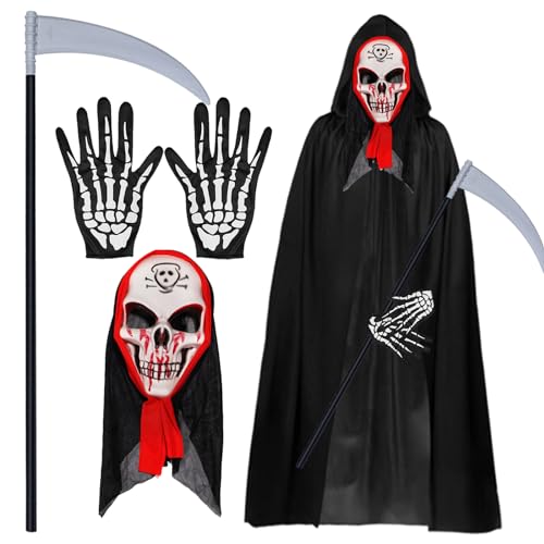 Halloween Kostüm, 140CM Halloween Gesicht Maske Kostüm Männer Scream Kostüm Herren Skelett Maske Handschuhe Sensenmann Robe Halloween Gesicht Maske für Cosplay Zubehör Erwachsene Kostüm für Maskerade von Booaee