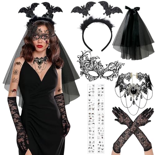 Halloween Kostüm Damen, 6 Stück Halloween Accessoires, Halloween Kostüm Fledermaus Kostüm Damen, Halloween Schmuck Zubehör Kostüm Fledermaus Venezianische Maske Damen, Halloween Kostüm Damen Gothic von Booaee