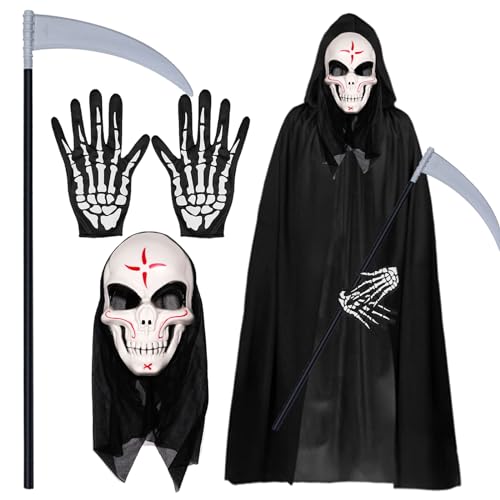 Halloween Kostüm Herren, Ghostface Halloween Kostüm Männer Scream Kostüm Herren Skelett Maske Handschuhe Sensenmann Robe Halloween Gesicht Maske,für Cosplay Zubehör Erwachsene Kostüm für Maskerade von Booaee