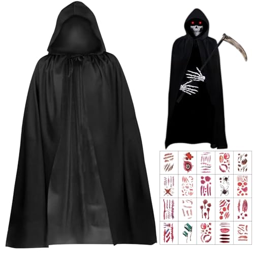 Halloween Kostüm Set, 140CM Schwarz Umhang mit Kapuze Cape, Kostüm Sensenmann, Vampir Kostüm mit 20 Halloween Kmporäre Tattoos, Unisex Kostüm Sensenmann für Erwachsene Halloween Dekoration Cosplay von Booaee