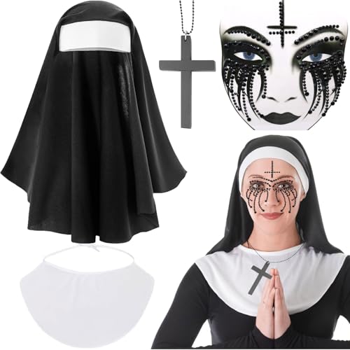 Nonne Kostüm Damen, 4 Stück Halloween Horror Nonne Kostüm, Halloween Nonnen Kostüm Damen Horror,Nonnen Kopfbedeckung Nonnenhaube mit Schwarz Diamantaufkleber und Kreuz Kette für Karneval,Cosplay Party von Booaee