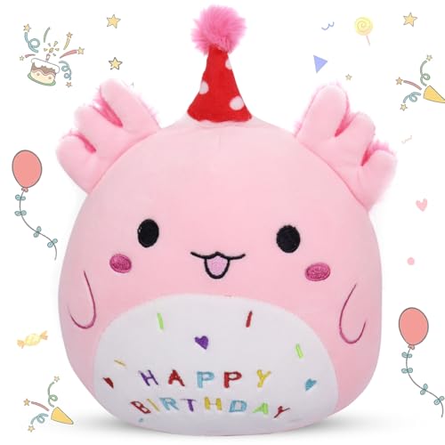 Happy Birthday Plüschtier,23cm Axolotl Kuscheltier Cartoon Plüschkissen Geburtstags Geschenk für Mädchen Axolotl Plüsch Spielzeug Kawaii Plüsch Puppe Stofftier Weiches Plüschpuppe Kinder Erwachsene von Booaee