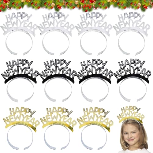 Happy New Year Haarreifen,12 Happy New Year Stirnband Tiara, Weihnachts Kopfschmuck Silvester Deko 2025 Tiara mit leuchtenden Sternen Silvester Party Haarschmuck, Neujahr Fotorequisiten Kostüm Zubehör von Booaee