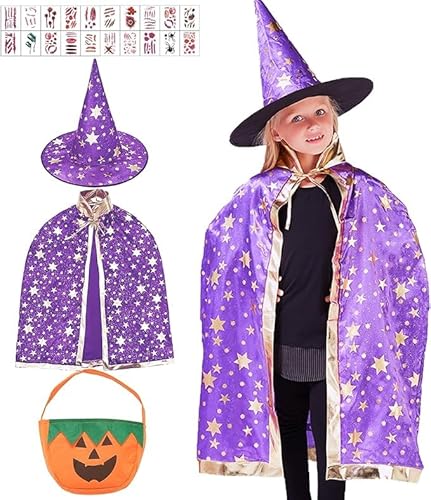 Hexenkostüm Kinder, Halloween Kostüm Kinder Mädchen Hexe Junge, Hexenhut Kostüm Halloween-Hexenumhang Hexen Hut Kürbis Candy Bag Halloween Hexe Kostüm Umhang Halloween Kinder für Mädchen Cosplay party von Booaee