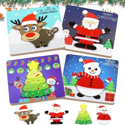 Holzpuzzle Weihnachten Spielzeug,4Stück Weihnachtspuzzle Kinder Montessori Holz Puzzle Lernspielzeug Kinderpuzzle ab 3 Jahre Holzspielzeug Weihnachtsbaum Santa Schneemann Rentier für Junge Mädchen von Booaee