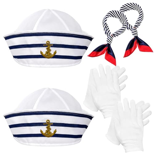 Kapitän Matrosen Kostüm, 6 PCS Streifen Matrosenmütze und Schal-Set,Marine Outfit Matrosenschiff-Kappe Kapitänsmütze Schal Kostüm für Kinder,Marineblaue Hüte Matrosen Party Kostüm für Damen und Herren von Booaee