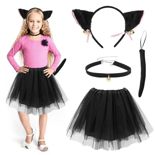 Katzen Kostüm Mädchen Kinder, 4 tlg Katzenkostüm Set Kinder, Kätzchenkostüm Katzen Cosplay Set mit Black Tutu with Cat Ears, Girls Kitten Costume für Fasching Karneval Party Dekoration Accessoires von Booaee