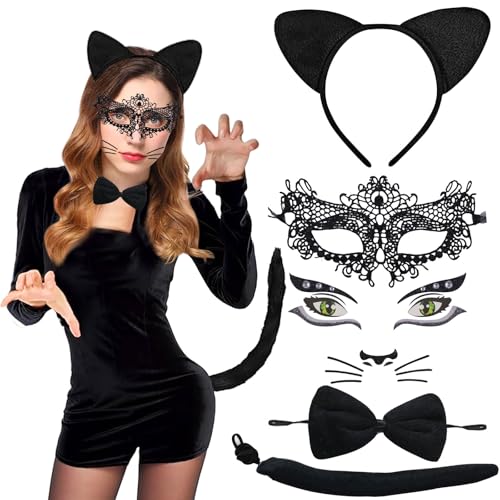 Katzenkostüm Damen Mädchen,5 Stück Katzen Kostüm Set Cosplay Fasching Katze Damen mit Katzenohren Haarreif Schwanz Gesichtsaufkleber Fliege Katzemask für Frauen Mädchen Halloween Karneval Cosplay von Booaee