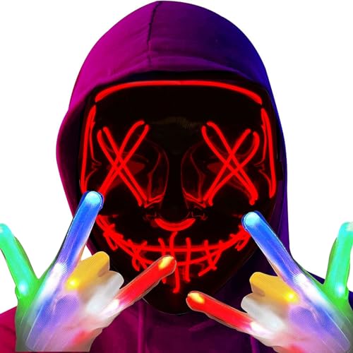 LED Scream Ghostface Halloween Maske, LED Maske im Dunkeln Leuchtend, LED Maske leuchten 6 Modi LED Glühhandschuhe, Halloween LED Blinkende Handschuhe Mütze Mit Kinder Erwachsene Skelett handschuhe von Booaee